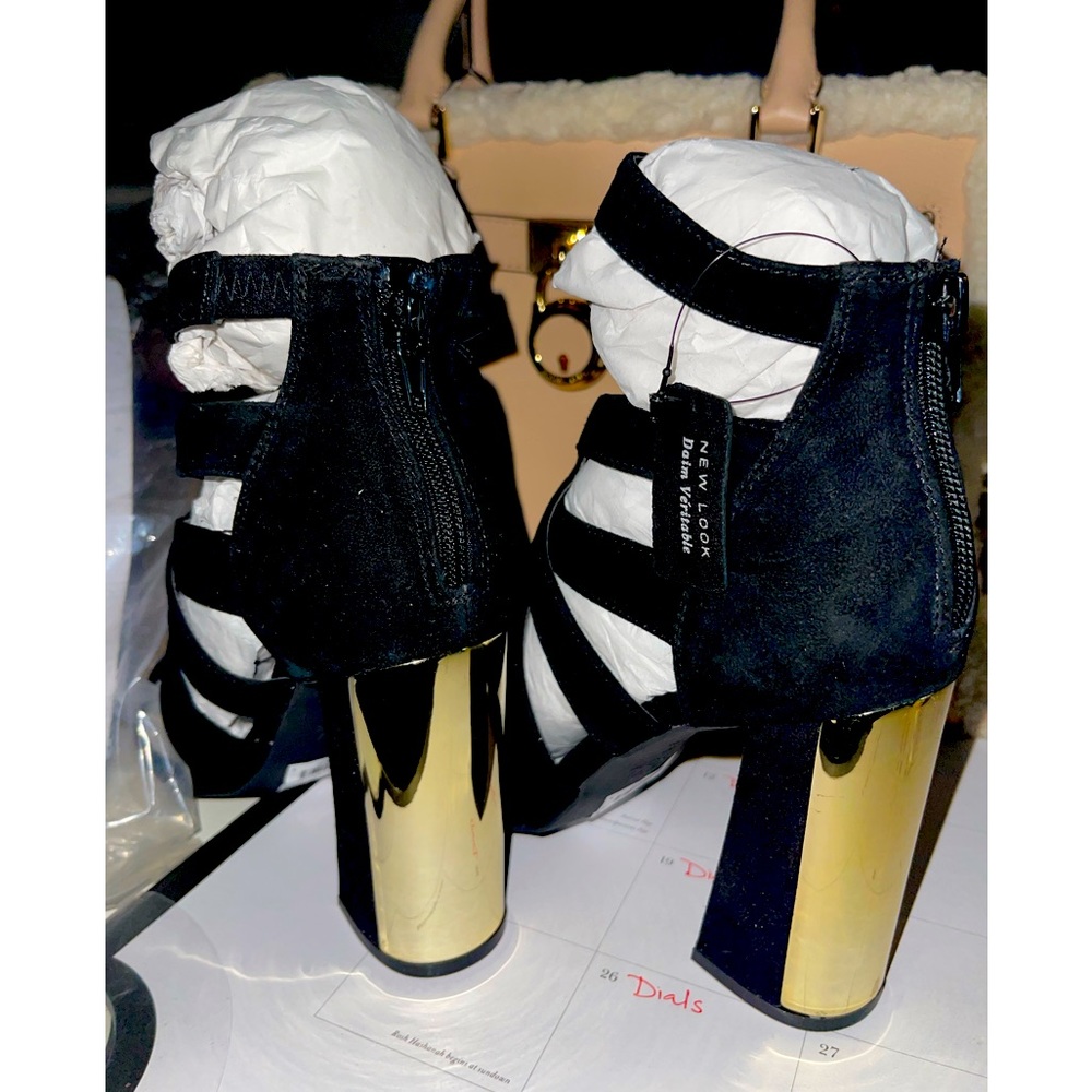 New Look Black Suede Leather Gold Heels